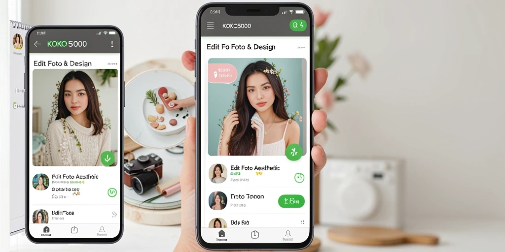Antarmuka KOKO5000 menampilkan beragam opsi edit foto aesthetic.
